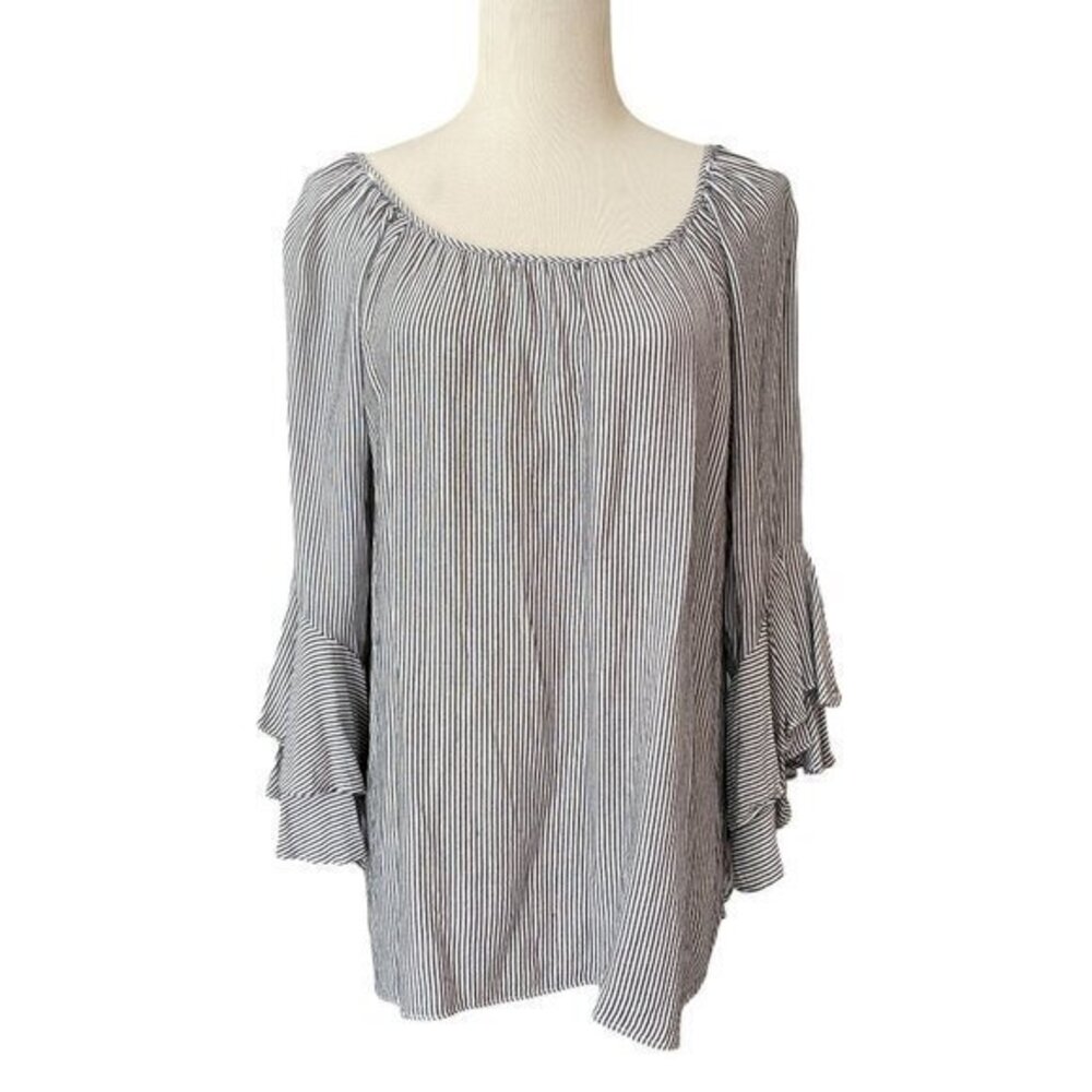 Cupio - Womens Bell Sleeve Nautical Striped Long Sleeve Tie Back Top - Size S